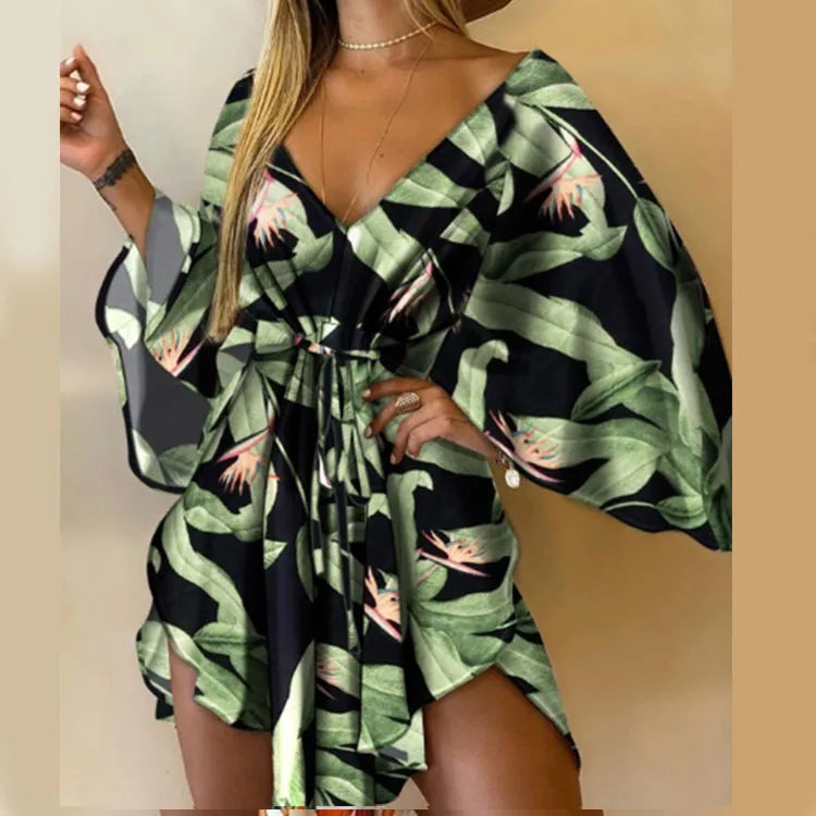 Women Print Dress Sexy V-Neck Bat Sleeve Ruffle Flowers Print Bohemian Beach Sundress Ladies Loose Summer Vacation Mini Dresses