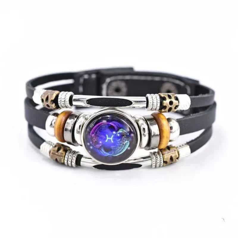 Twelve Constellations Luminous Leather Bracelet Retro Multi-layer Beaded Leather Bracelet Jewelry
