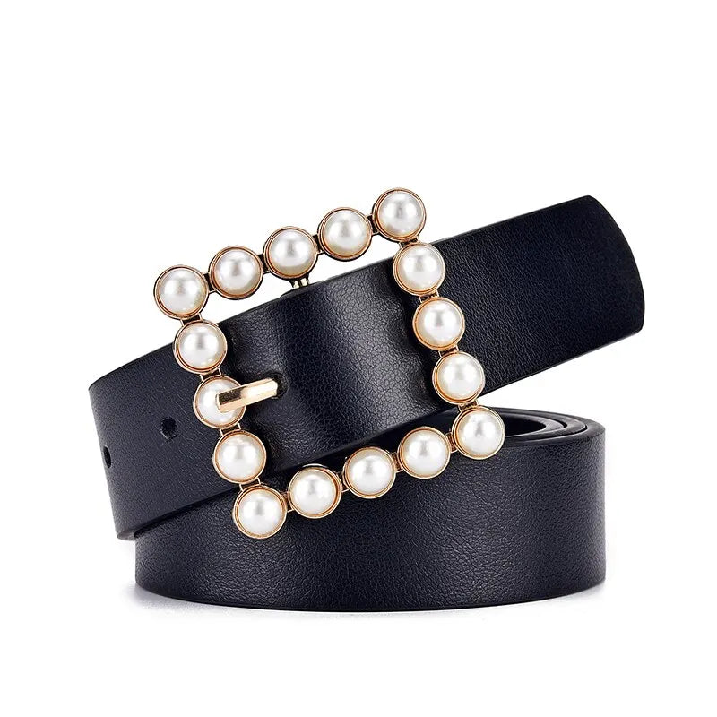 Women's Belt Fashion Pearl Buckle Belt Trend Versatile Jeans Belt PU Leather Belt Street Trend Belt