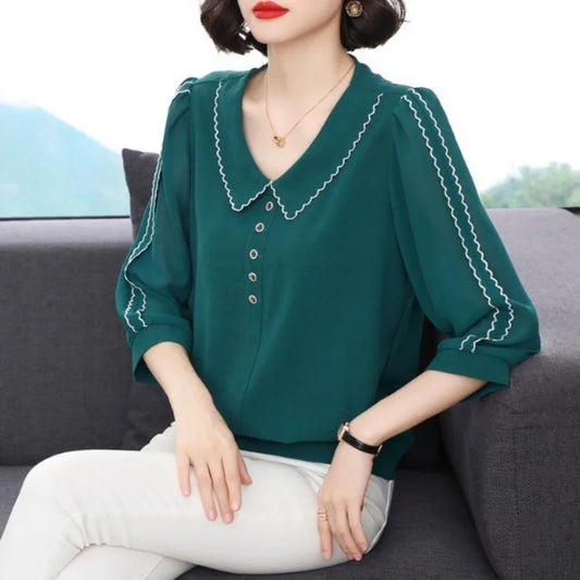 Solid Color V-Neck Shirts Patchwork Striped 3/4 Sleeves Loose Fashion Button