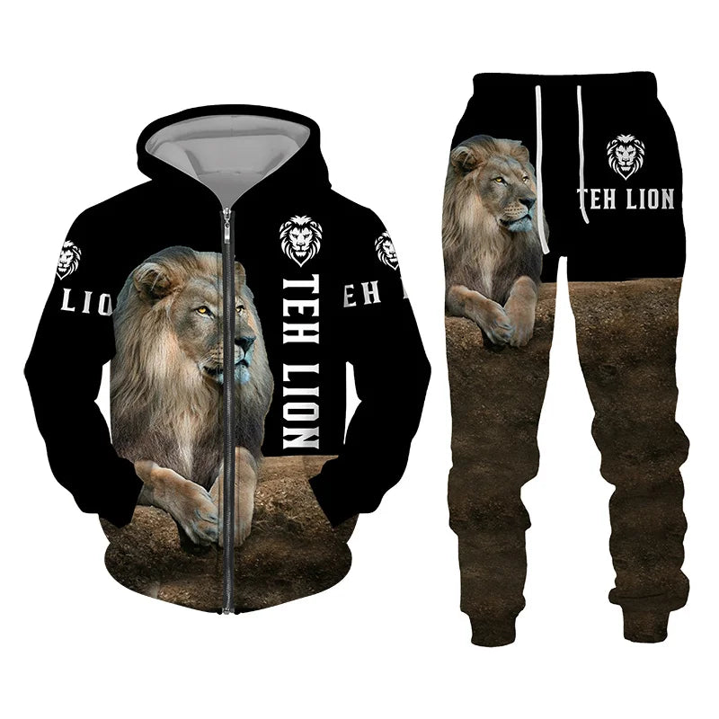 Men's Tracksuit 3D The Lion Print Zipper Hoodies Sweatshirts Pants Sets Casual Men's Clothing Women's Tracksuit