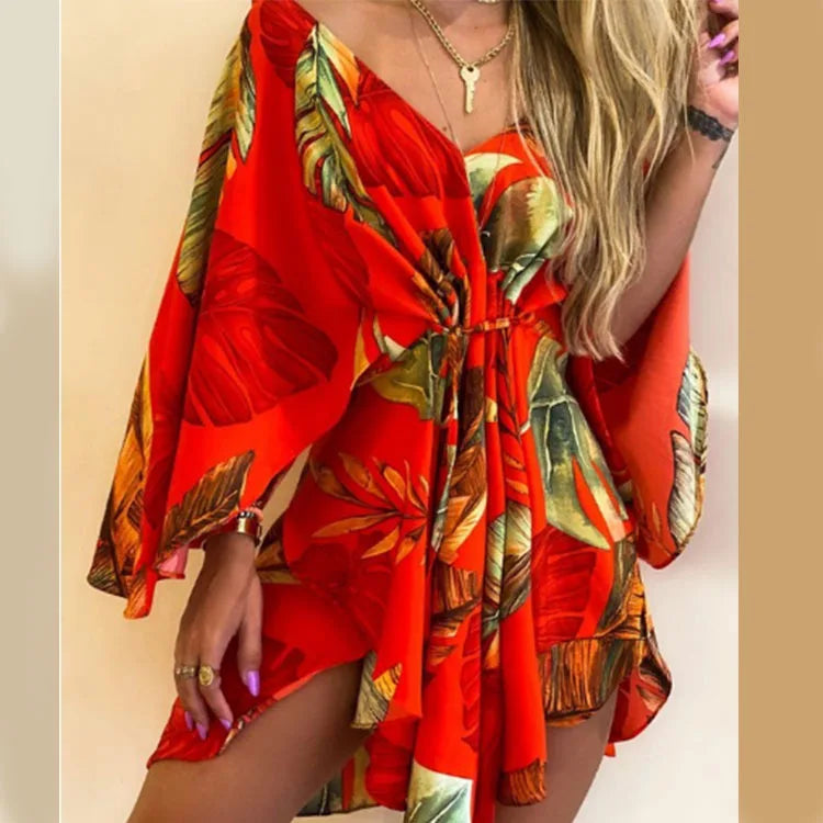 Women Print Dress Sexy V-Neck Bat Sleeve Ruffle Flowers Print Bohemian Beach Sundress Ladies Loose Summer Vacation Mini Dresses