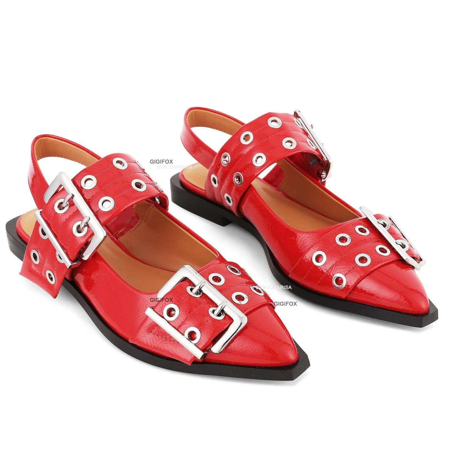 Pointed Toe Buckle Strap Slip On Slingback Pumps Comfortable Low Heel