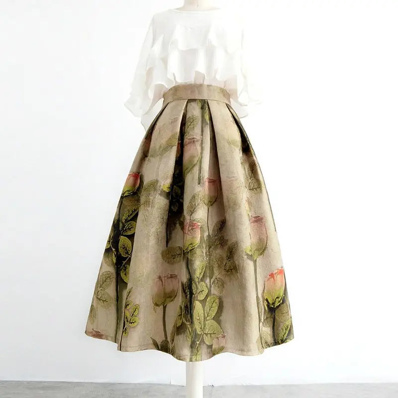 High Waist Jacquard  Vintage  A-line Skirt