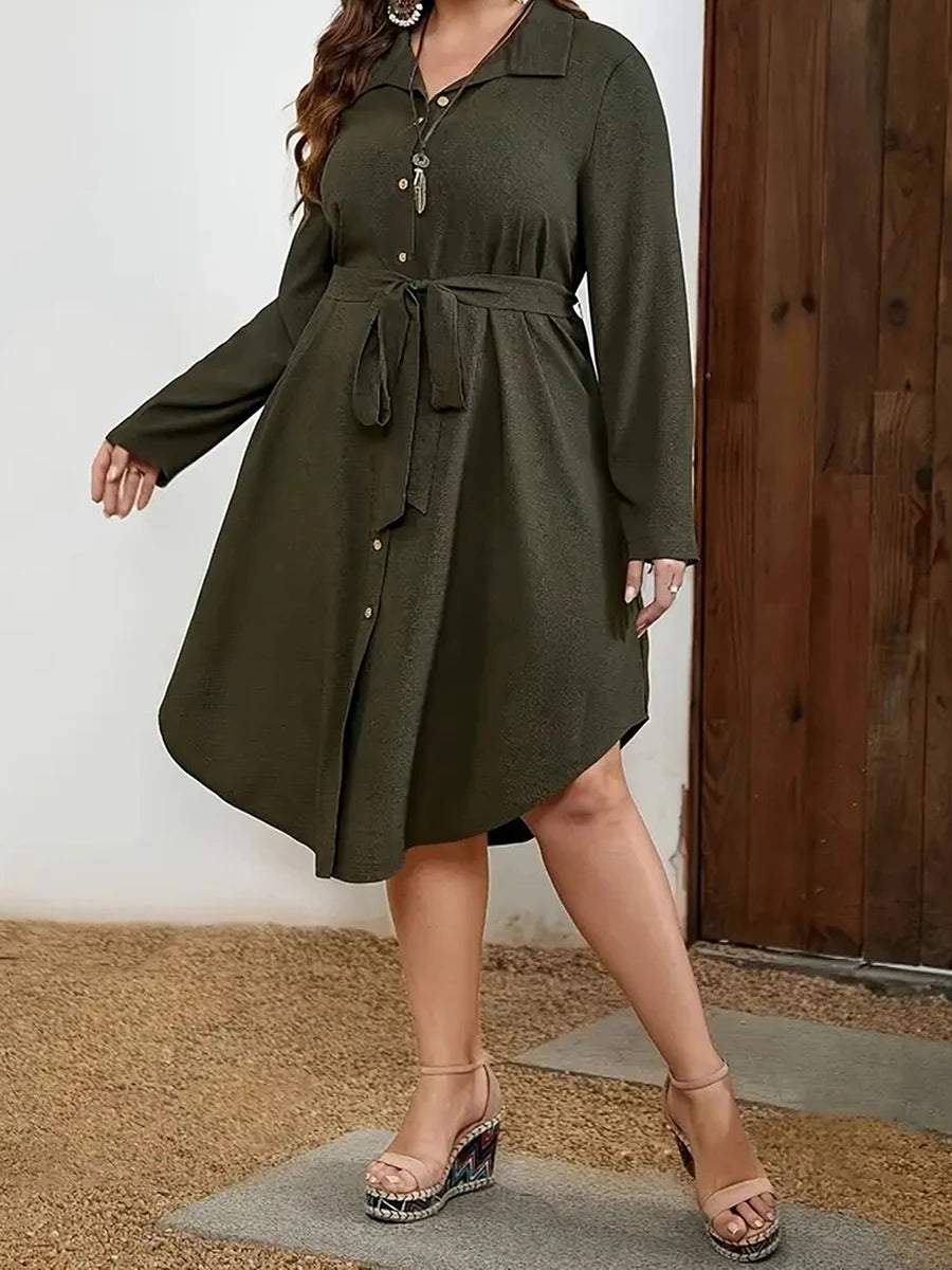 Women Plus Size Dress  V-Neck Long sleeve Midi Dress Summer Boho Beach Party Dress with Pockets and Tie Belt