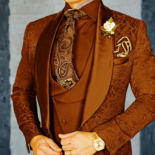 Jacquard Men's 3-piece Suit Set Formal Party Dress Groom's Tuxedo High Quality Elegant Men's Customized Outfit