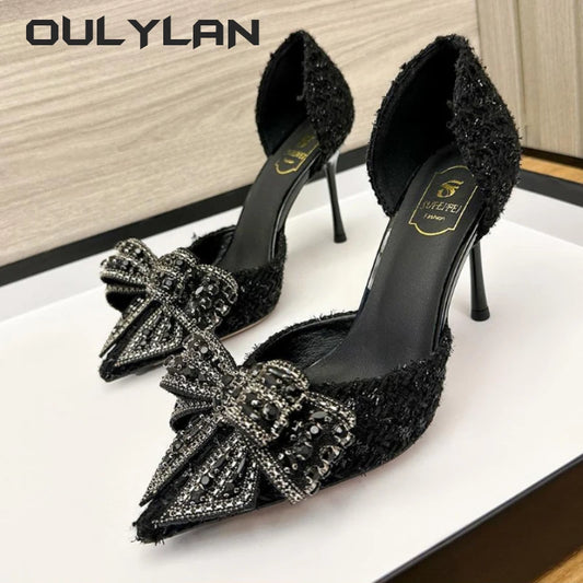 Fashion Pearl Crystal Bowtie Shoes  Designer High Heels Pumps Ladies Thin Heeled Party Shoes