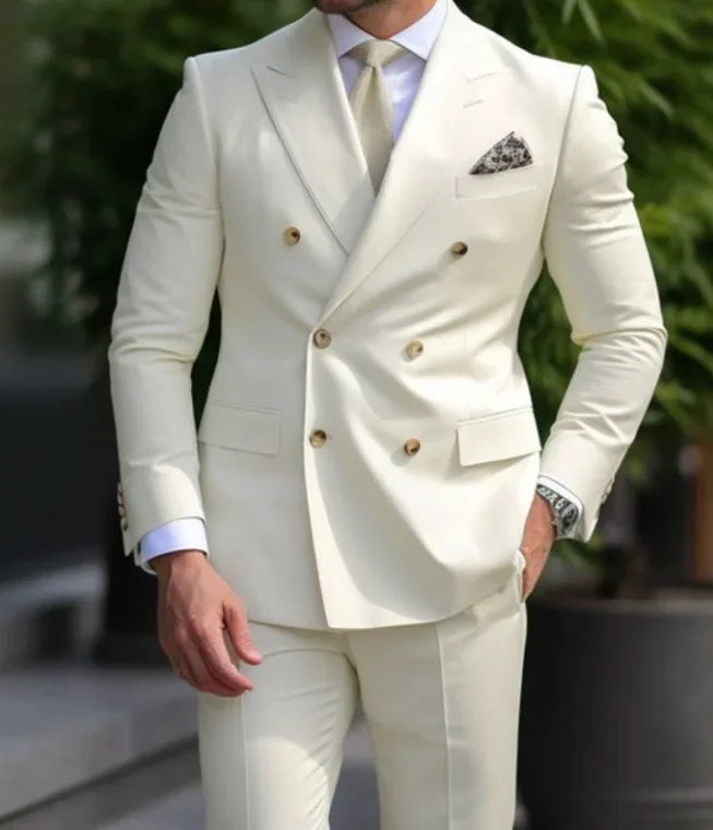 High Quality Men's Suits Double Breasted Bespoke Double Breasted Peaked Lapel Formal Blazer Slim Fit 2 Piece Jacket Pants