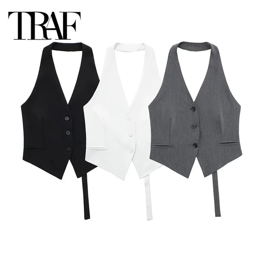 Off Shoulder Sleeveless Vest Women Cropped Vest Woman Fashion Backless V Neck Short Halter Summer Waistcoat