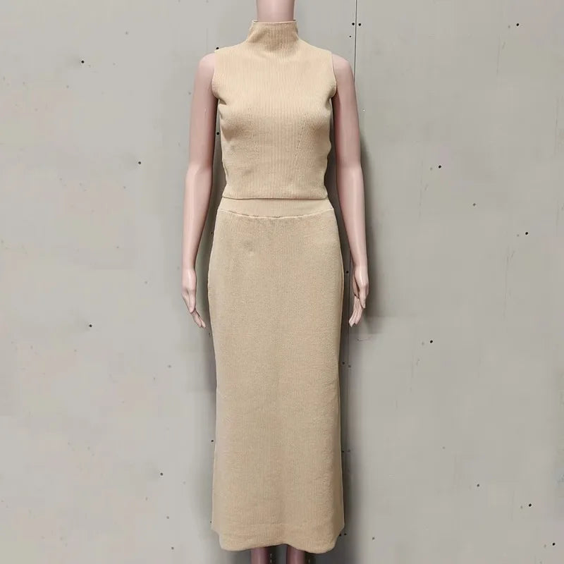 Elegant Long Skirt Two-piece Set Women's Sleeveless Knitted Turtleneck Vest and Skirt Set