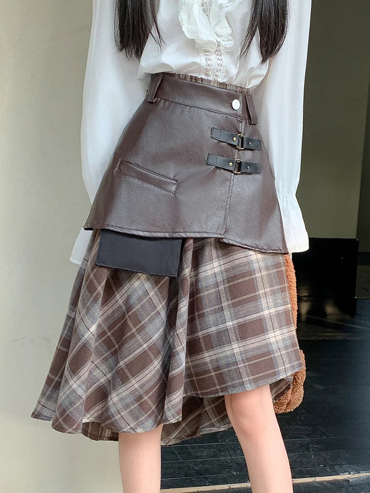 Stylish 2 Piece Stitching PU Plaid Skirts