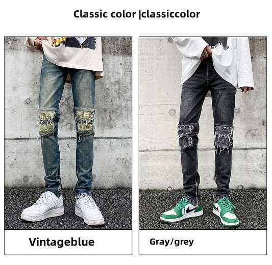 American Vibe style high street tide side zipper straight jeans men's and women's European and American hip hop slim-fitting trousers