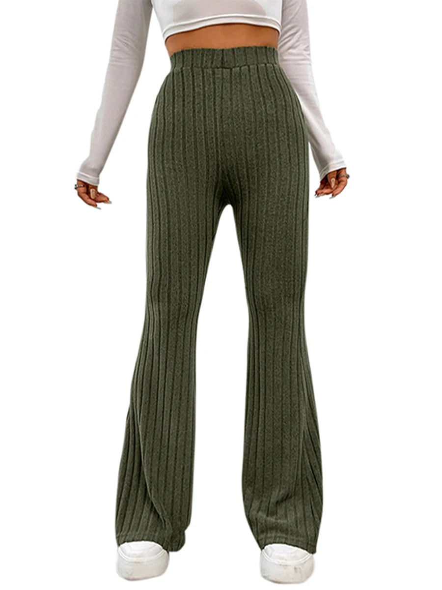Women High Waist Flared Pants Casual Solid Color Ribbed Bell Bottoms Elastic Bootcut Trousers Streetwear