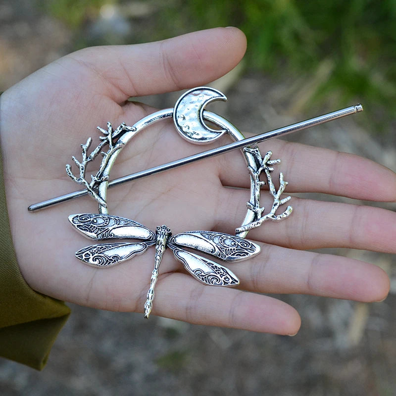 Woodland Goddess Crescent Moon Dragonfly Hair stick Fairy Moon Dragonfly Insect Hair Barrette Hairclip For women