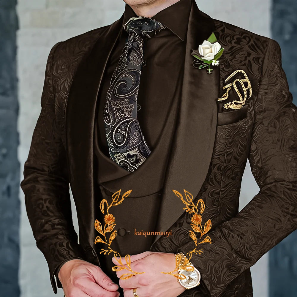 Jacquard Elegant Men's 3 Piece Suit Set Wedding Groom Tuxedo Jacket Pants Vest Formal Party Dress
