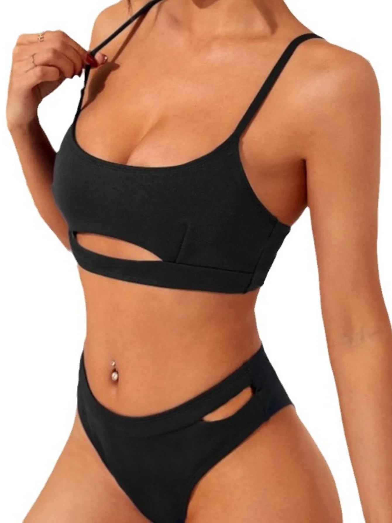 Plain Black Hollow Out 2 Piece Set Bikini, Spaghetti Strap High Stretch Stylish Swimsuits, Women's Swimwear