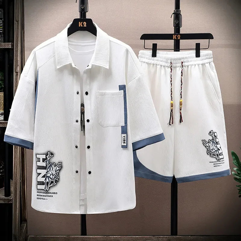 Casual Sets Male Shorts and Shirts Men Shirts + Shorts Summer Elastic Waist Sportswear Men's Printing Pattern Men's Fashion