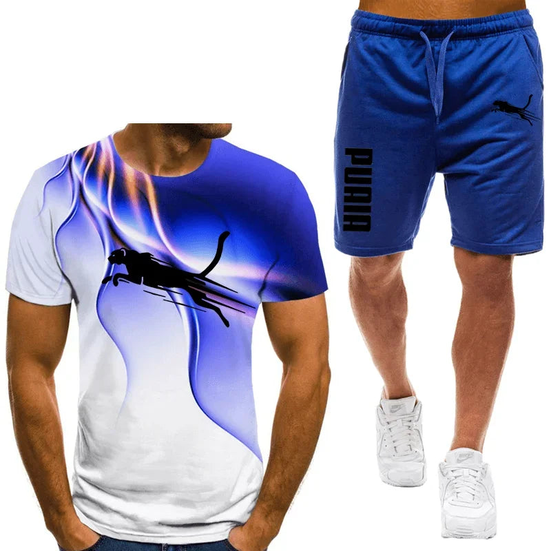 Two piece animal pattern printed men's suit summer casual daily men's short sleeved T-shirt outdoor street men's sports shorts