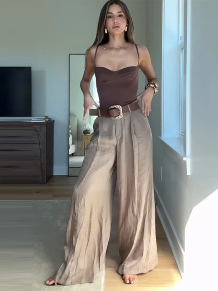 Straight Pants Solid High Waist Belt Pockets Wide Leg Long Trousers Lady Vintage High Street Wears Bodysuit Top or Vest