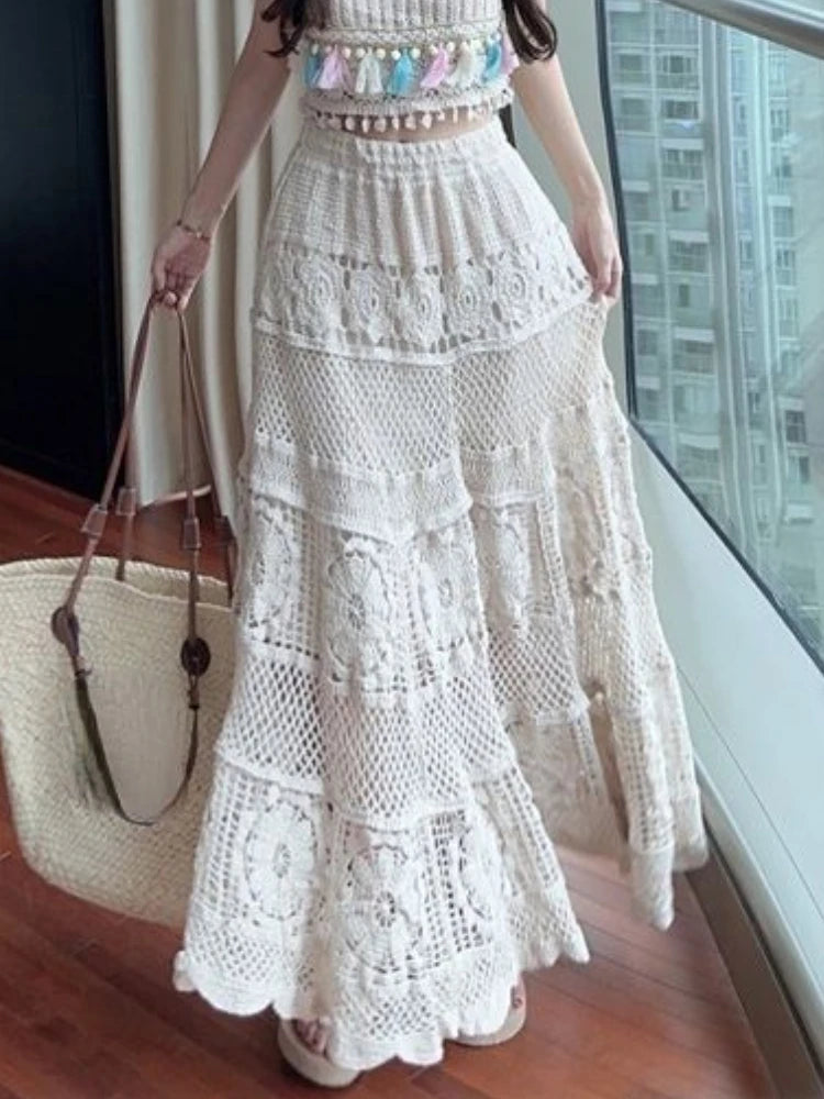 Vintage French Hollow Out Hook Flower Design Knit Skirt Vintage A-line Skirt