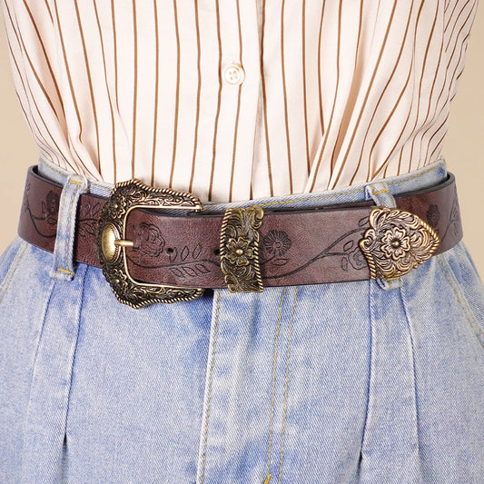 Western Style Printed Solid Color Pu Belt Buckle, Retro Casual Women's Belt, Classic Jeans Decorative Belt