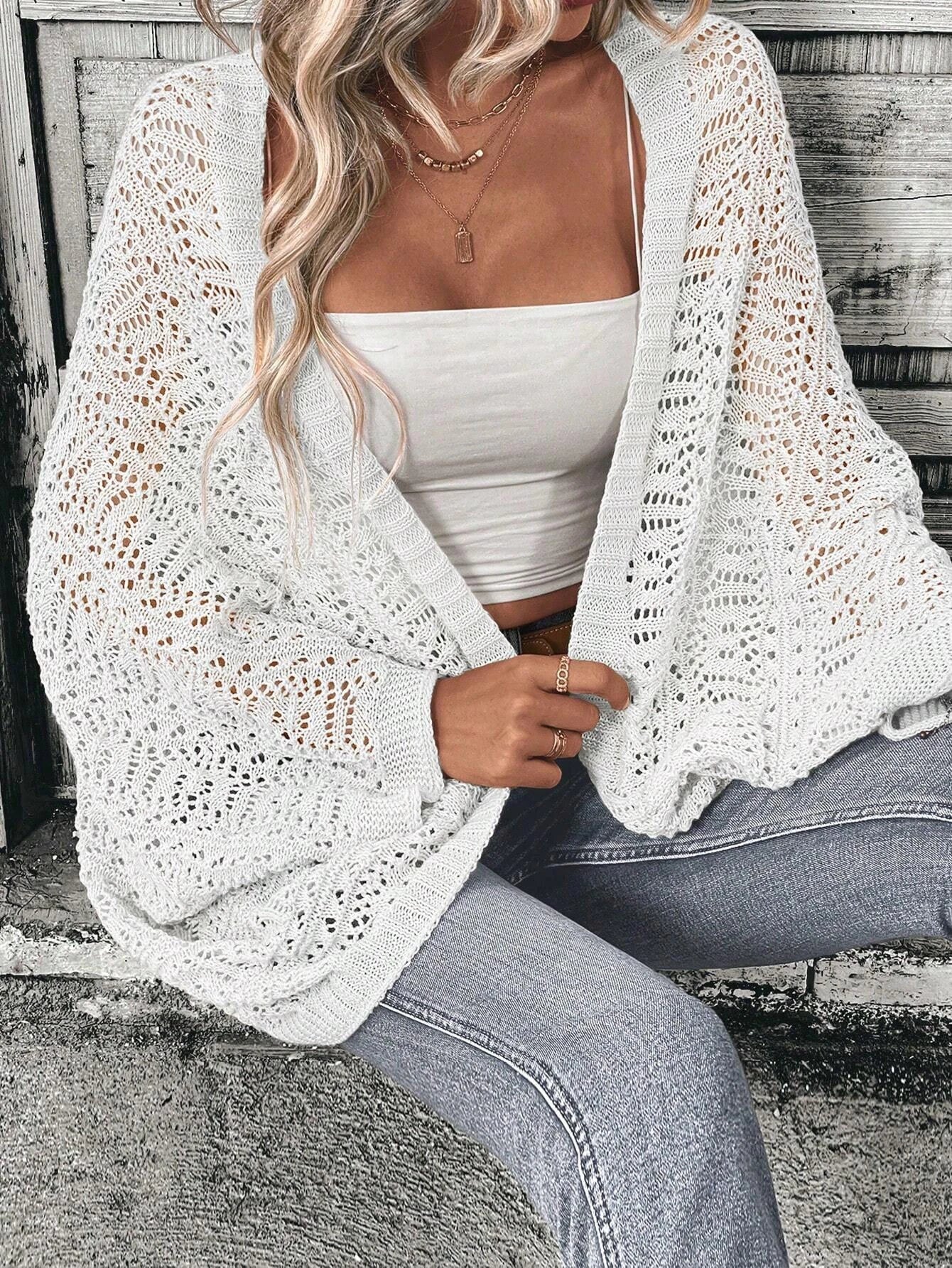 Solid color slit knitted cardigan elegant front opening batwing sleeve loose sweater commuting cardigan women's clothing
