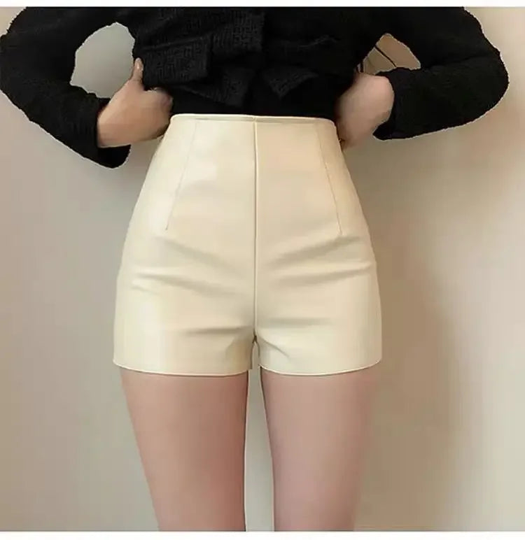 High Waist  Leather Shorts with Zipper Fly
