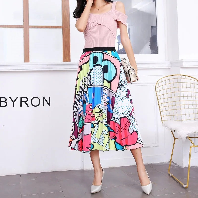 Cartoon Print Pleated  Long Skirt High Waist A-Line