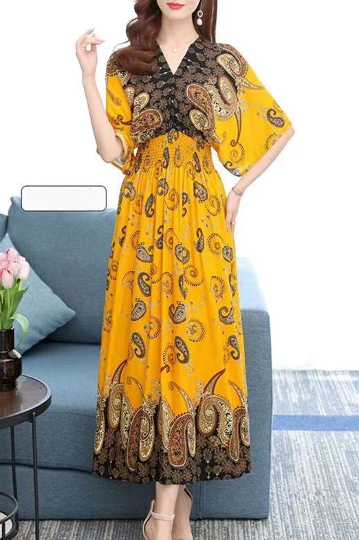 Colorful Flower V-neck Elastic Youthful Bohemian Sweet Midi Dress Woman Clothes Chic Fashion Summer Dresses