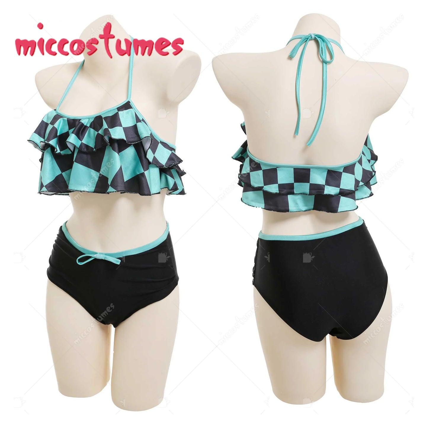 Two Piece  Swimsuit V Neck High Waist Lace Up Bathing Suit Swimwear Kimono Cover Up