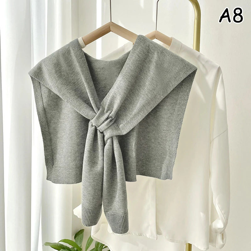 Neck Guard Scarf Solid Color Woman's Knitted Warm Shawl Winter Wool  Shoulders Fake Collar Cape Knotted Scarf