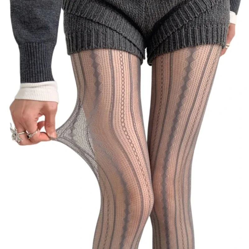 Women Vintage Solid Fishnet Lace Pattern Tights Stockings Hollowed Rhombus Striped Geometric Jacquard Pantyhose Leggings