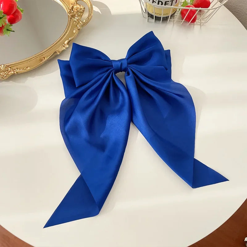 Hair Clips for Women  Big Bowknot Solid Satin Long Ribbon Bows Spring Clamp Barrette