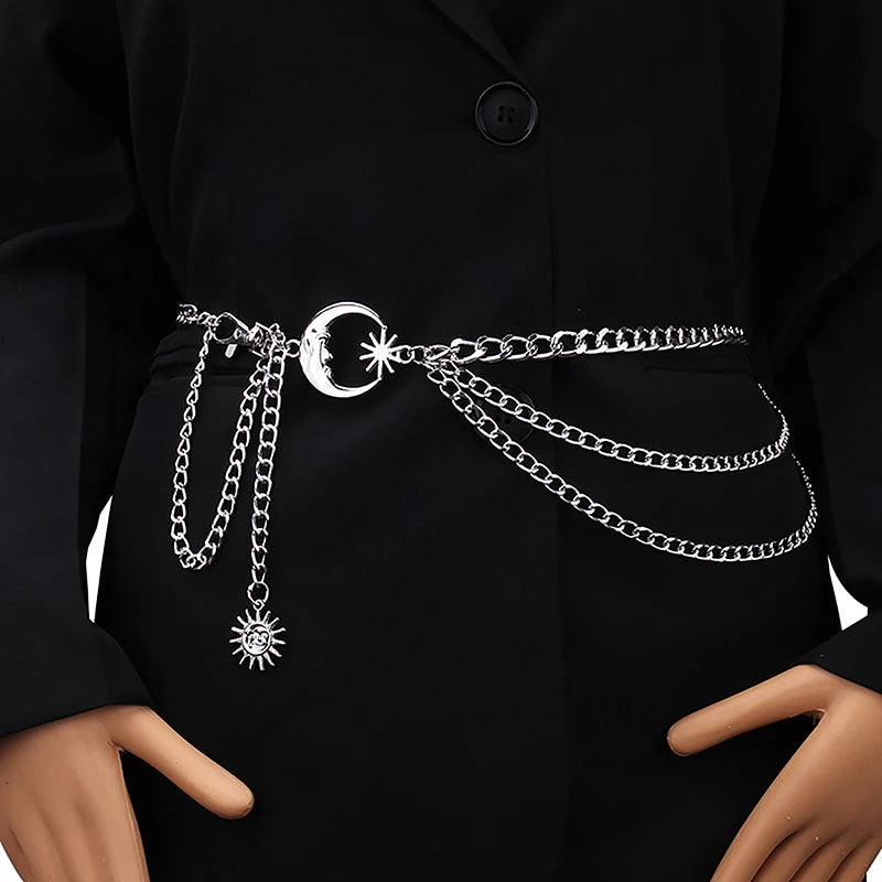 Women Waist Chain Belt for Dress Skirt Belts with Moon Star Waistbands Gold Silver Ladies Clothing Accessories