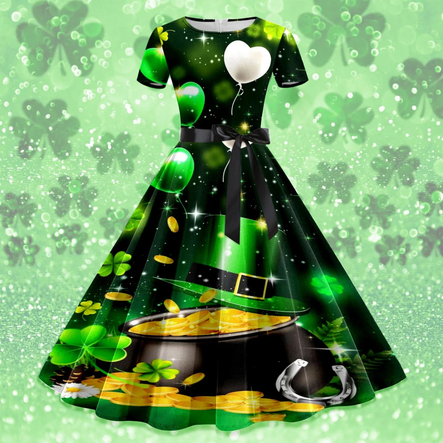 Shamrock Print Women St. Patrick's Day Dress Large Swing Short Sleeve A Line  Dress