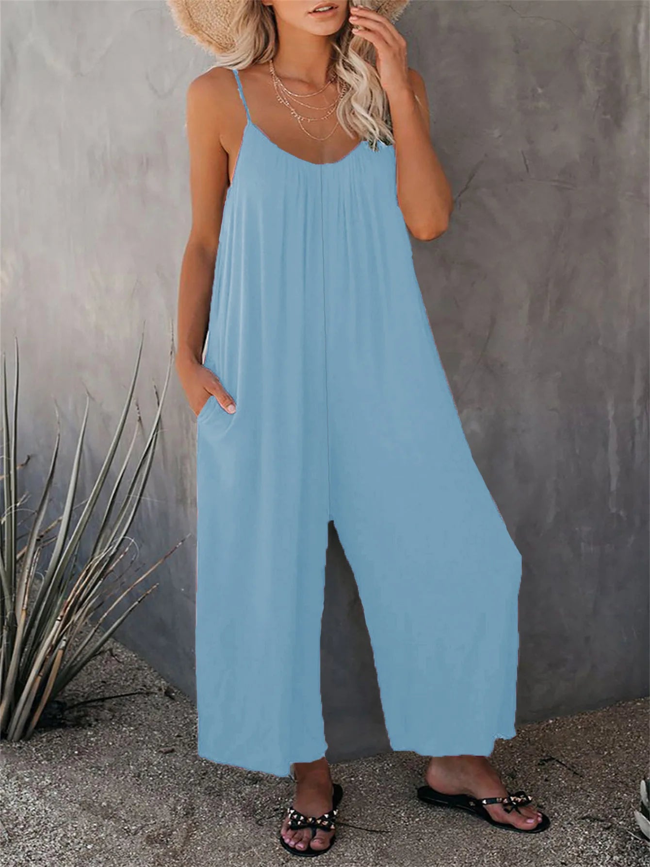 European and American Suspender  Women's Summer Foreign Trade Solid Color Pocket Casual Jumpsuit