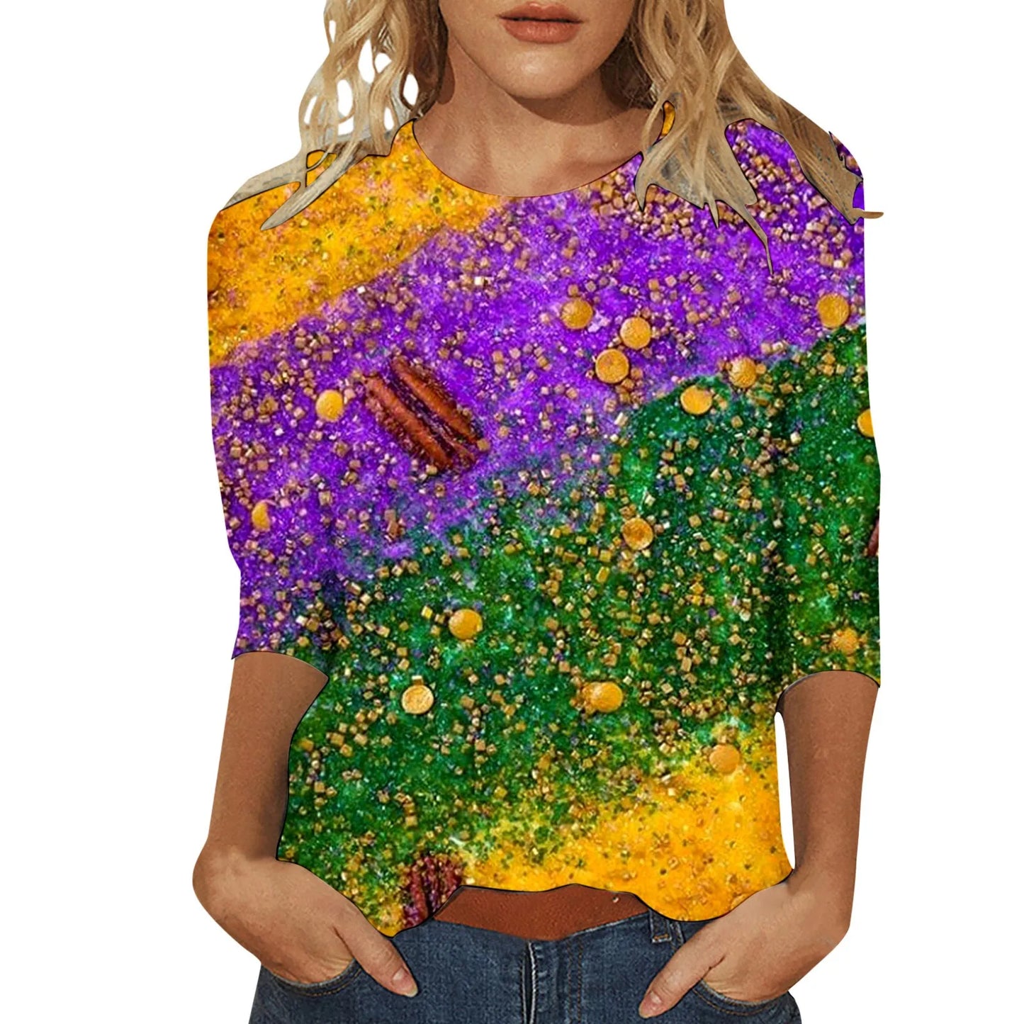 Carnival Printed Women Casual T-Shirts Spring Summer 3/4 Sleeve Round Neck Mardi Gras Clothing Plus Size Festival Party Tees Top