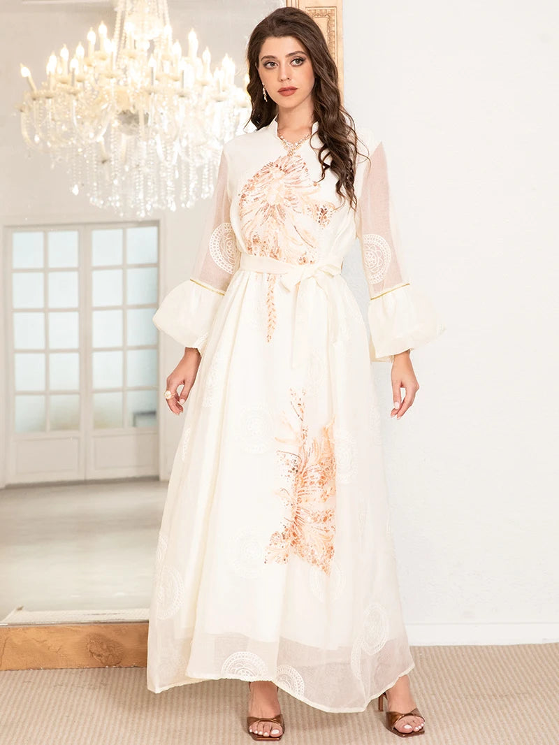 Elegant High Neck Dress with Polka Dot Jacquard Embroidery & Lantern Sleeves