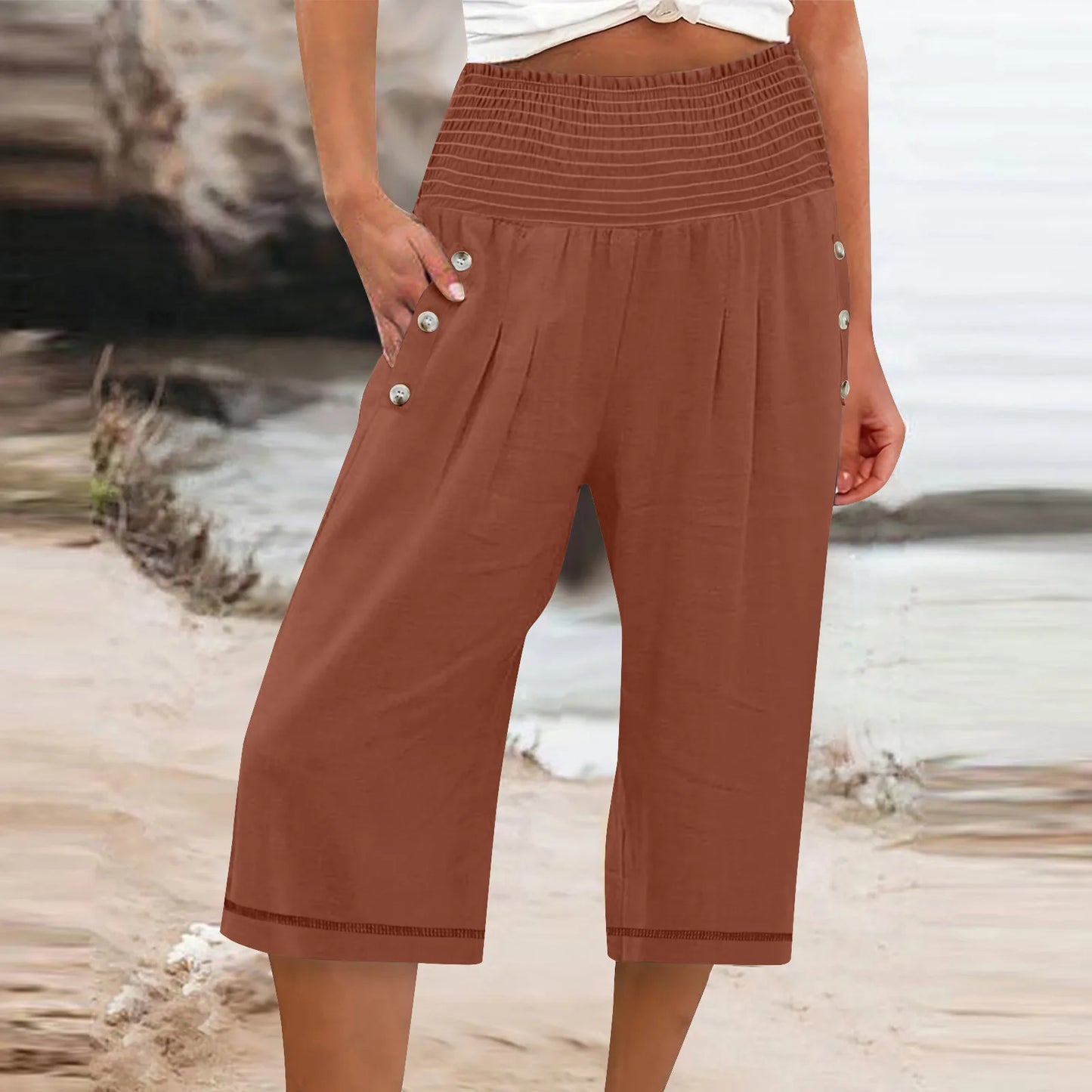 Women Cropped Pants Cotton Linen Baggy Trousers Drawstring Elastic Waist Solid Straight Pants