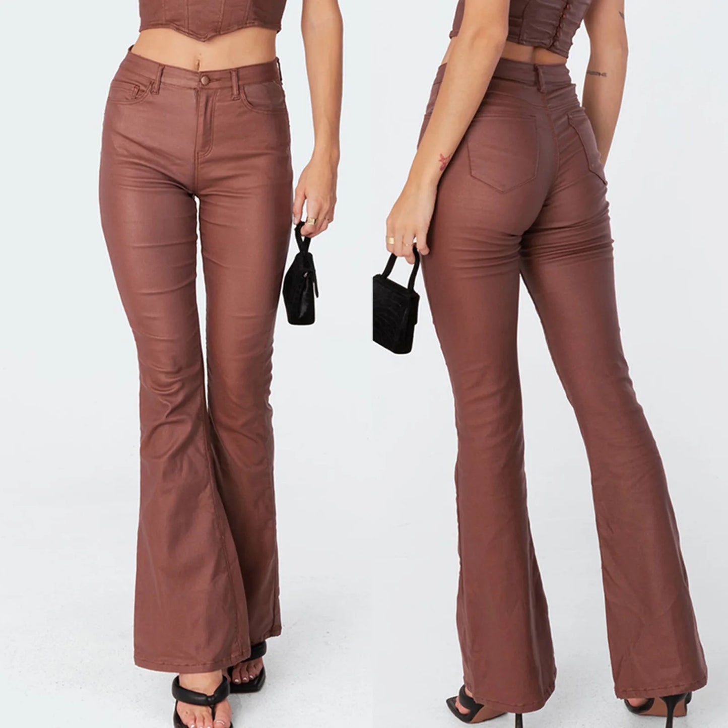PU Solid Trousers Retro Sexy Low-waist Casual Faux Leather Flared Long Pants Bell Bottom Trousers