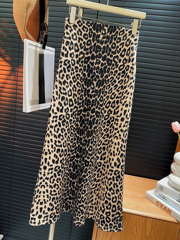 Satin Vintage Leopard  Skirt  A-line Fashion  High Waist  Mermaid Long