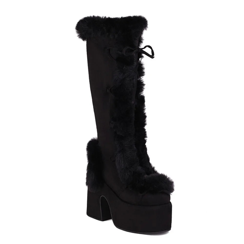 Fur Super Chunky High Heel Platform Mid-Calf Boots  Faux Suede Round Toe Side Zipper