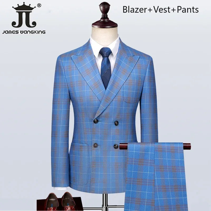 ( Blazer + Vest + Pants ) Boutique British Style Men's Suit Plaid Dress Business Casual Formal Suits 3Pcs Set