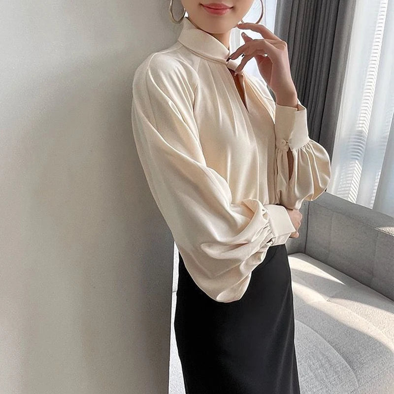 Hollow Ruffled Elegant Blouse  Stand Collar Business Casual Long Sleeve