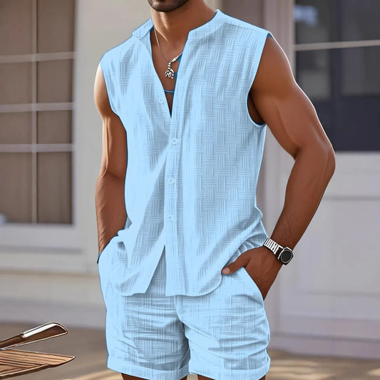 European and American 2pcs vest shirt shorts fashionable casual set loose sleeveless top sports beach shorts summer men