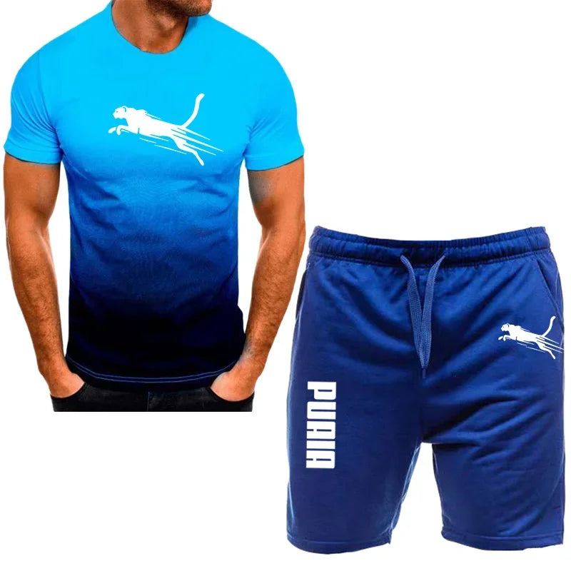 Men's sports set, casual T-shirt set and running shorts, breathable, 2 pieces