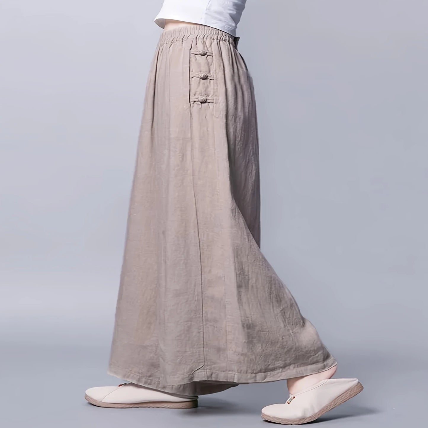Chinese Retro Style High Waist Wide Leg Pants for Women, Spring & Summer Clothing