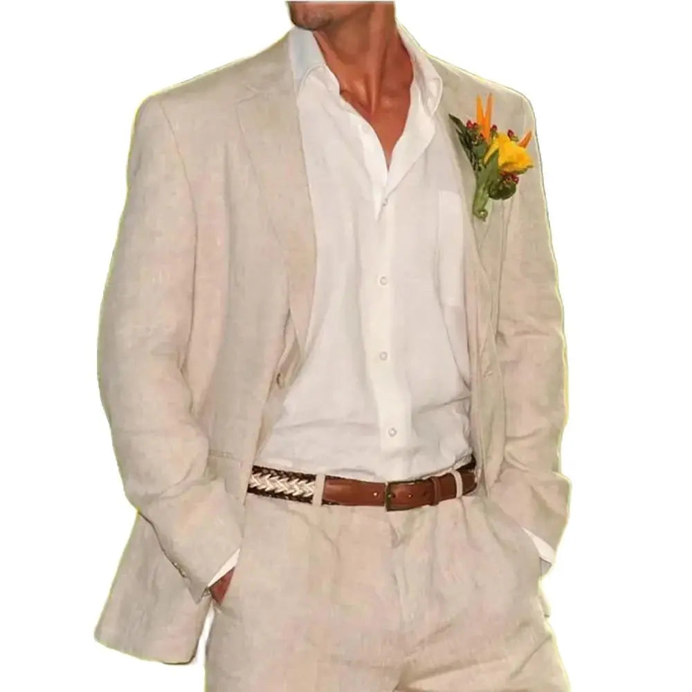Beige Linen Men Suits Casual 2 Piece Jacket Pants Single Breasted Notch Lapel Beach Outwear High Quality Male Clothing Full Sets