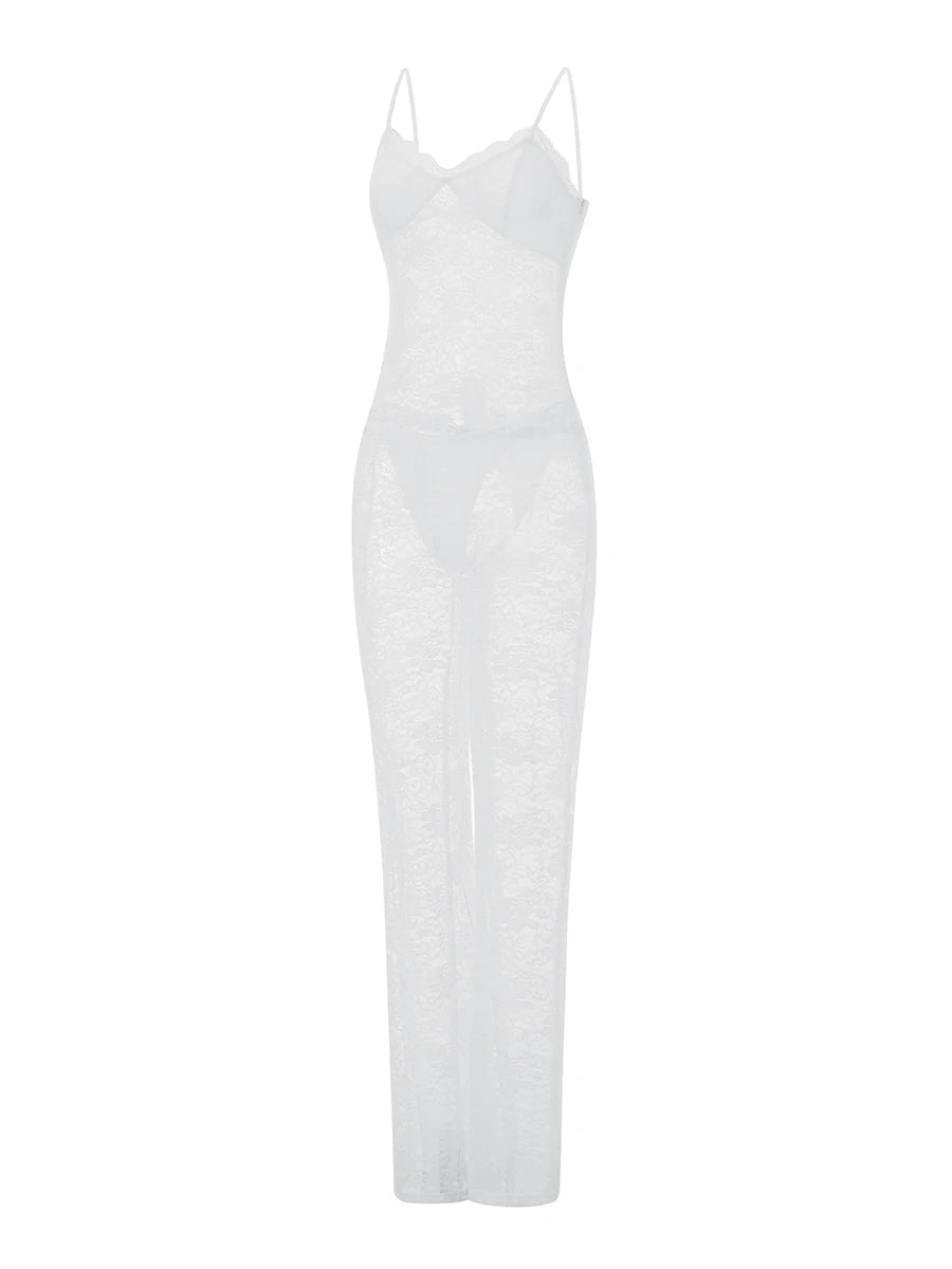 Elegant Floral Lace Romper with V-Neckline and Adjustable Spaghetti Straps Sexy Sheer Mesh Bodysuit