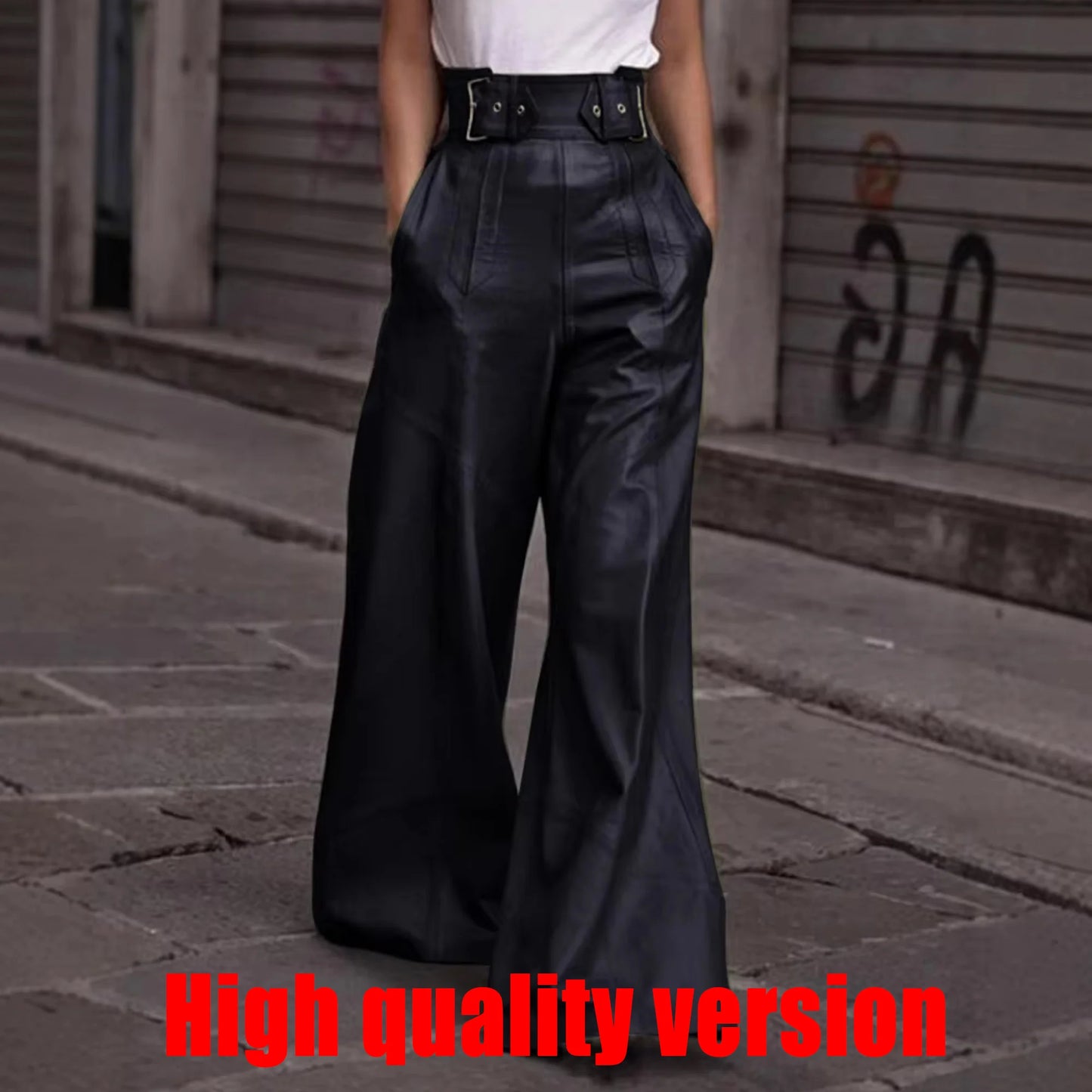 Casual Loose Leather Pants High Waist Wide Legs Solid Pocket Flare Pants